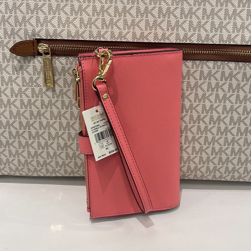 MICHAEL KORS LARGE DOUBLE ZIP WRISTLET WALLET PHONE CASE CLUTCH Tea Rose NWT